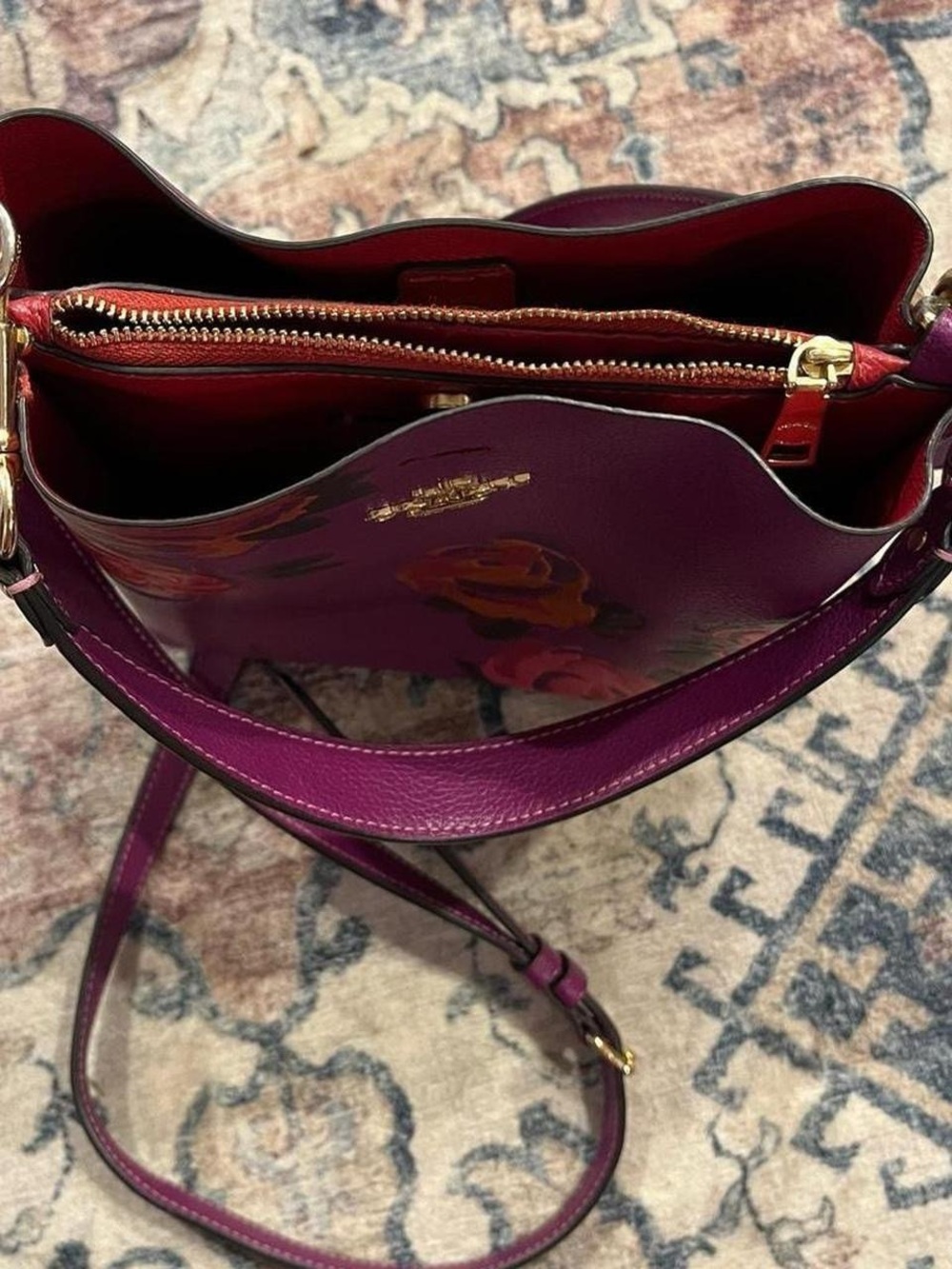 Coach Purple Floral Leather Mollie Bucket Bag - Picture 6 of 8
